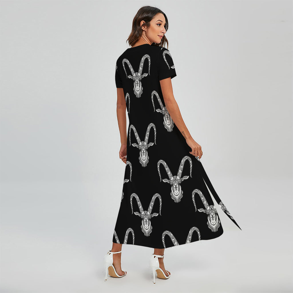 White And Black Capricorn Sign Print Short Sleeve Maxi Dress