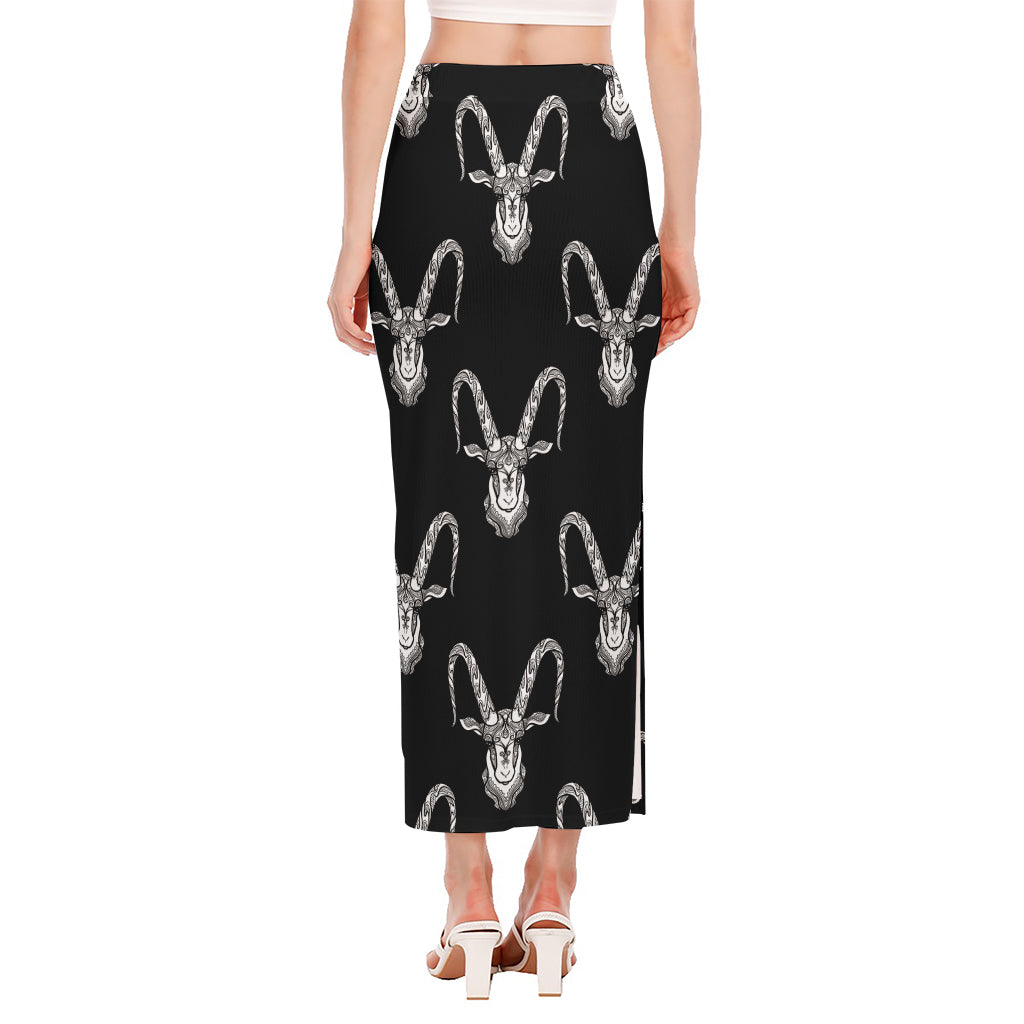 White And Black Capricorn Sign Print Side Slit Maxi Skirt