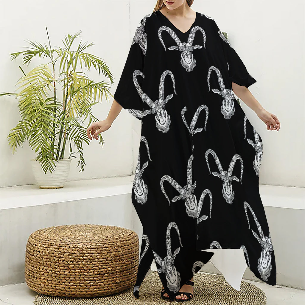 White And Black Capricorn Sign Print Silk V-Neck Kaftan Dress