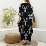 White And Black Capricorn Sign Print Silk V-Neck Kaftan Dress