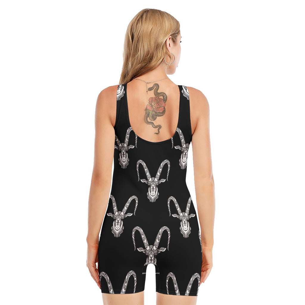 White And Black Capricorn Sign Print Sleeveless One Piece Swimsuit