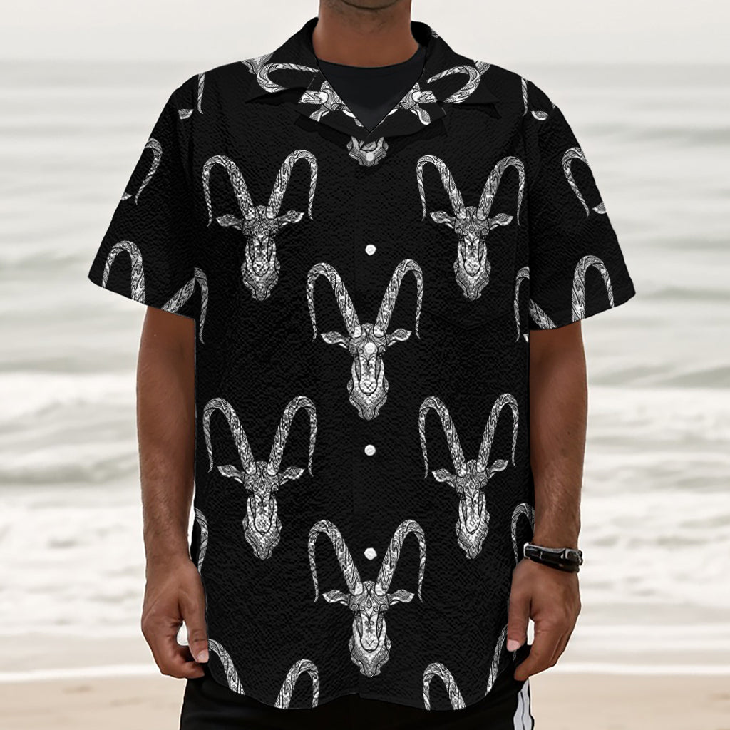 White And Black Capricorn Sign Print Textured Short Sleeve Shirt