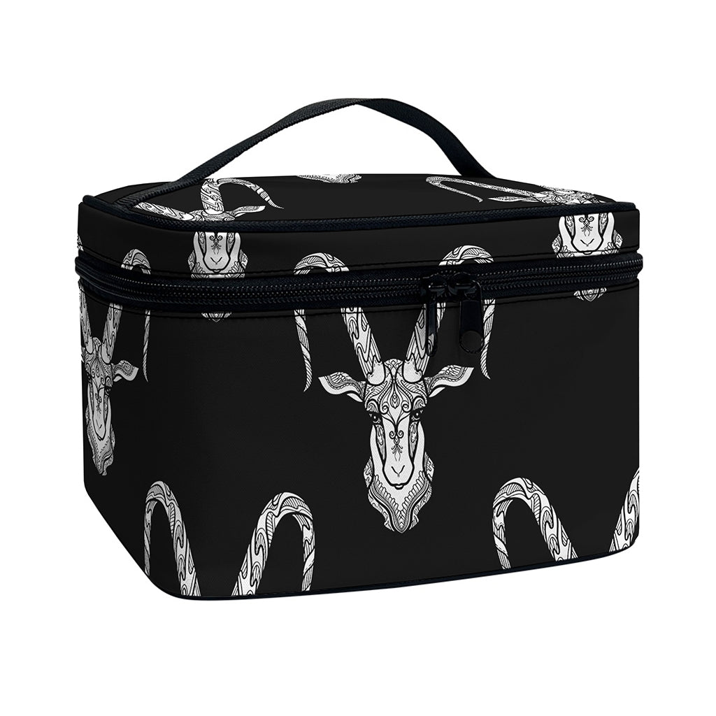 White And Black Capricorn Sign Print Travel Makeup Bag