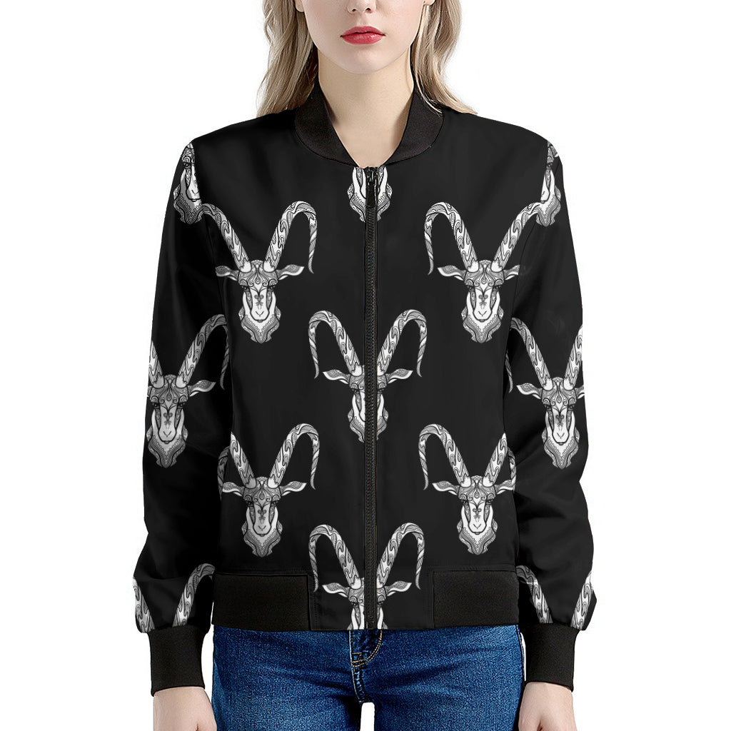 White And Black Capricorn Sign Print Women's Bomber Jacket