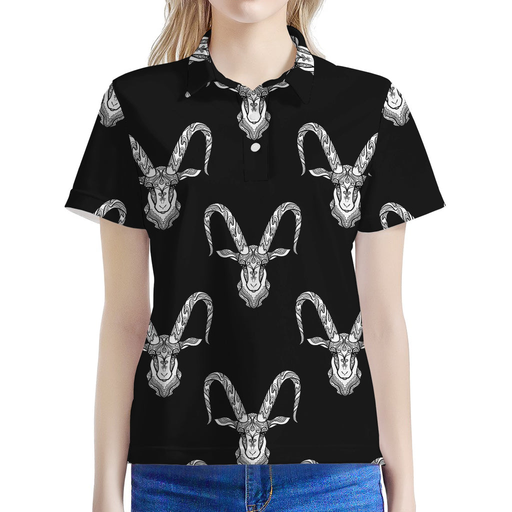 White And Black Capricorn Sign Print Women's Polo Shirt
