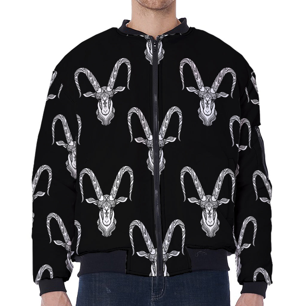 White And Black Capricorn Sign Print Zip Sleeve Bomber Jacket