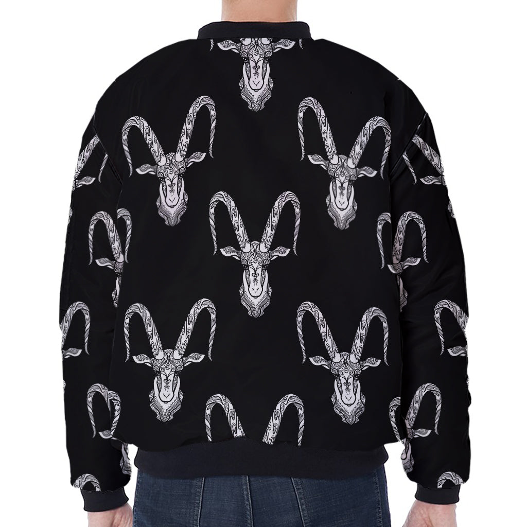White And Black Capricorn Sign Print Zip Sleeve Bomber Jacket