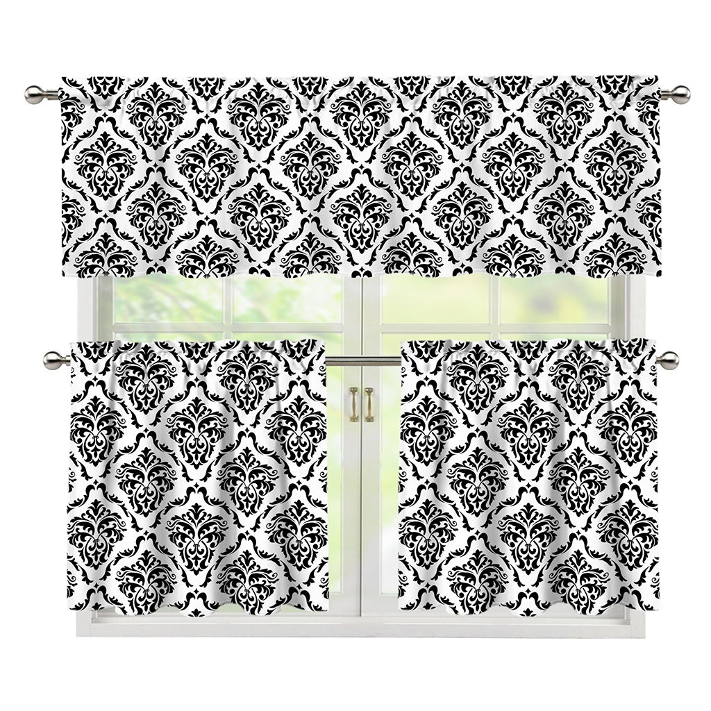 White And Black Damask Pattern Print 3 Piece Kitchen Curtains