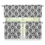 White And Black Damask Pattern Print 3 Piece Kitchen Curtains