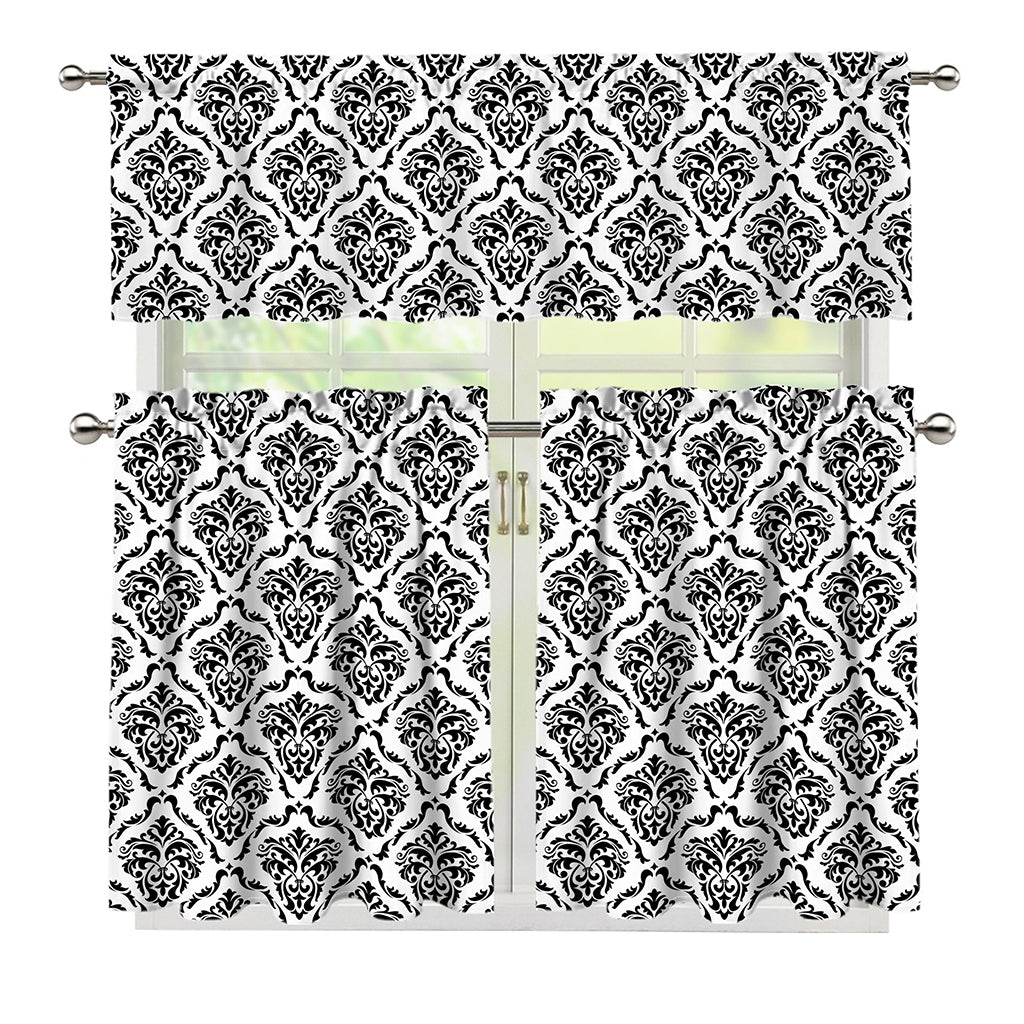 White And Black Damask Pattern Print 3 Piece Kitchen Curtains
