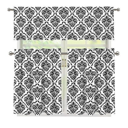 White And Black Damask Pattern Print 3 Piece Kitchen Curtains