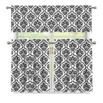 White And Black Damask Pattern Print 3 Piece Kitchen Curtains