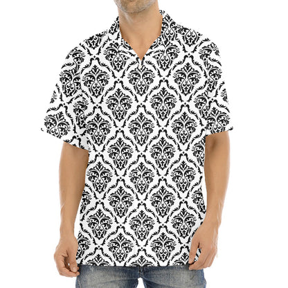 White And Black Damask Pattern Print Aloha Shirt