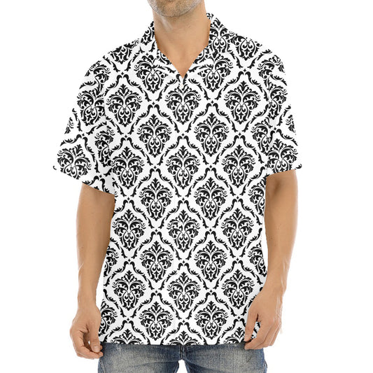 White And Black Damask Pattern Print Aloha Shirt