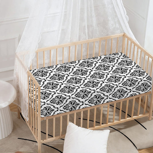 White And Black Damask Pattern Print Baby Crib Sheet