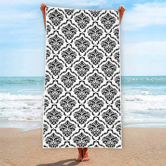 White And Black Damask Pattern Print Beach Towel