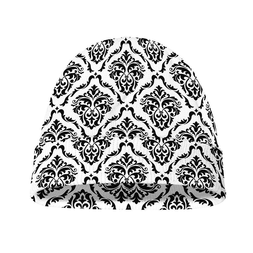 White And Black Damask Pattern Print Beanie