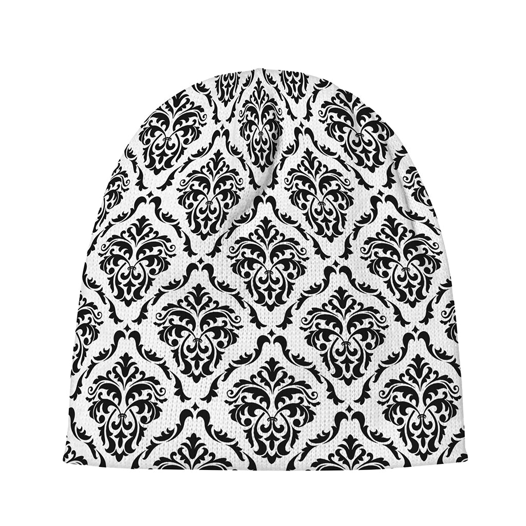 White And Black Damask Pattern Print Beanie