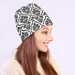 White And Black Damask Pattern Print Beanie