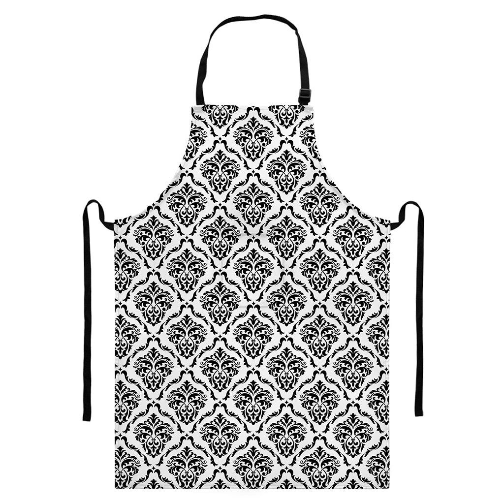 White And Black Damask Pattern Print Bib Apron With Pocket