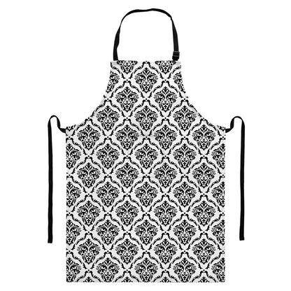 White And Black Damask Pattern Print Bib Apron With Pocket