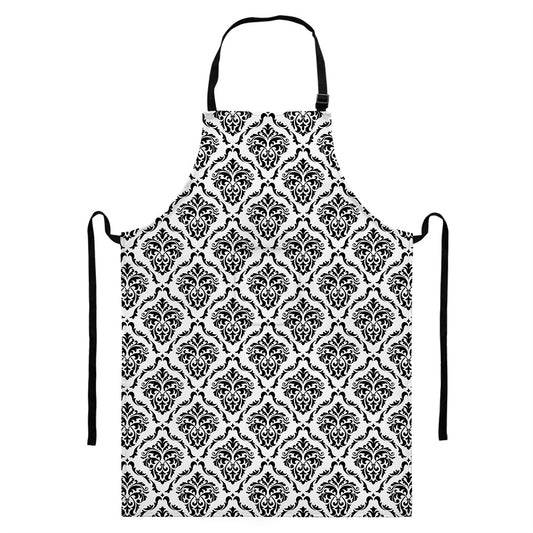 White And Black Damask Pattern Print Bib Apron With Pocket
