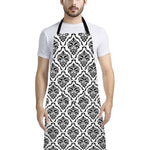 White And Black Damask Pattern Print Bib Apron With Pocket