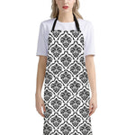White And Black Damask Pattern Print Bib Apron With Pocket