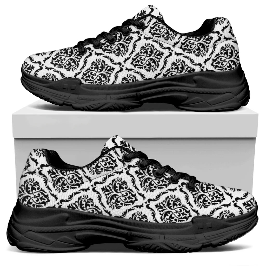 White And Black Damask Pattern Print Black Chunky Shoes
