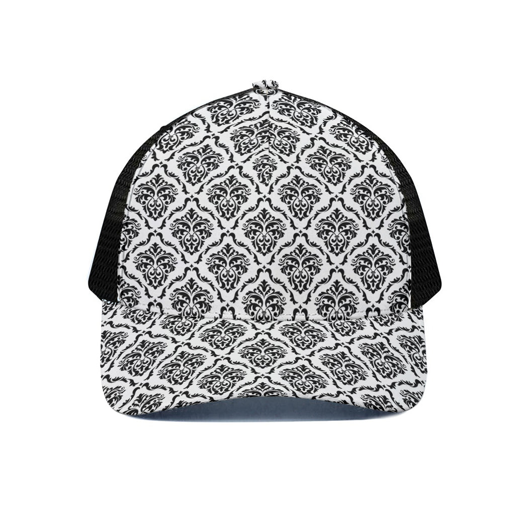 White And Black Damask Pattern Print Black Mesh Trucker Cap