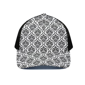 White And Black Damask Pattern Print Black Mesh Trucker Cap