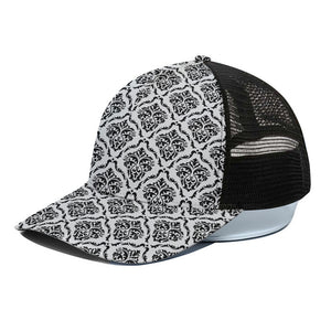 White And Black Damask Pattern Print Black Mesh Trucker Cap