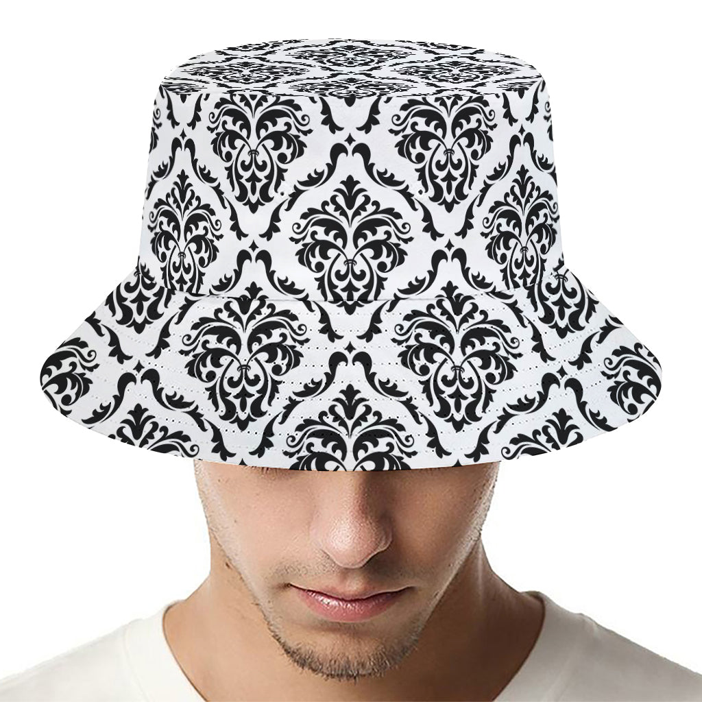 White And Black Damask Pattern Print Bucket Hat