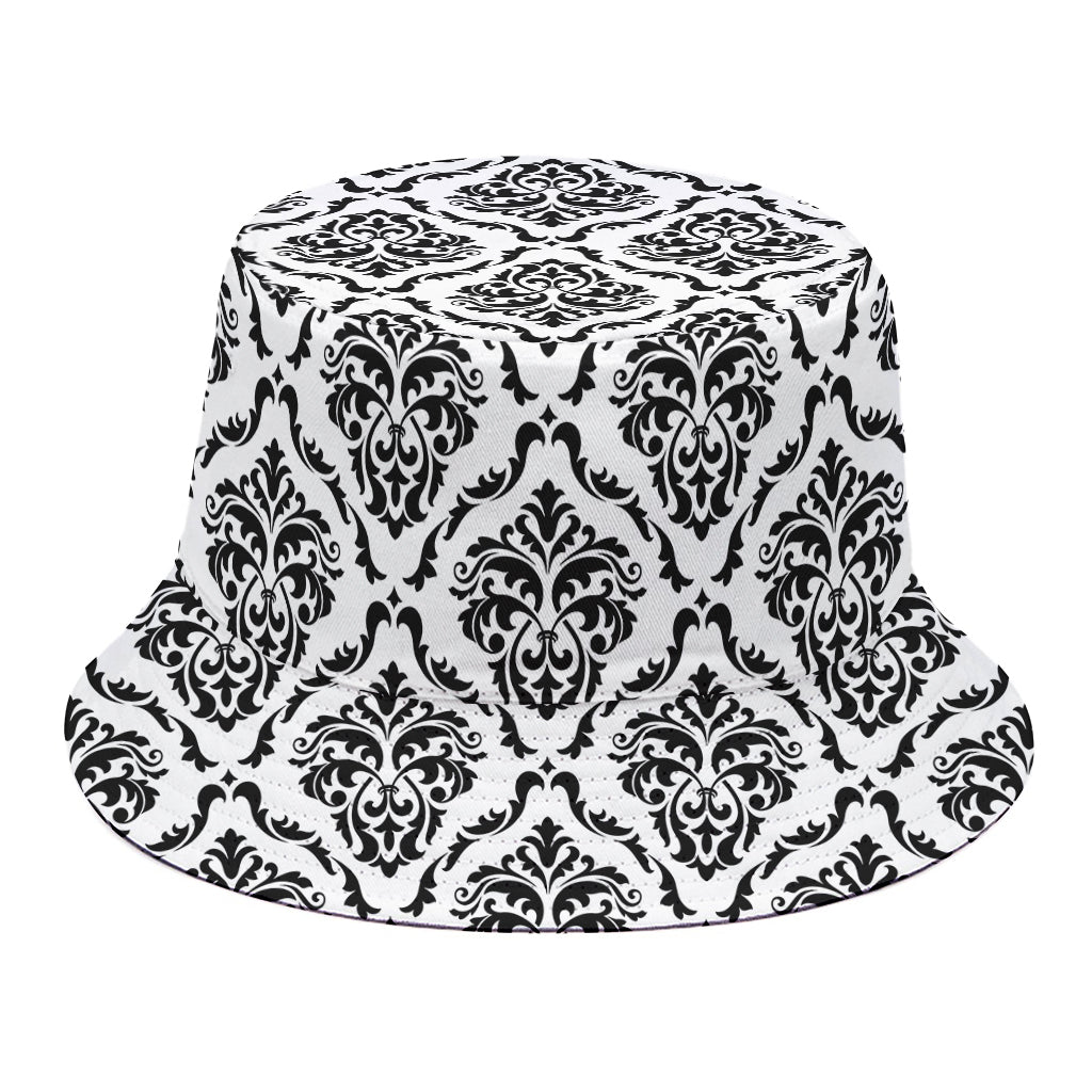 White And Black Damask Pattern Print Bucket Hat