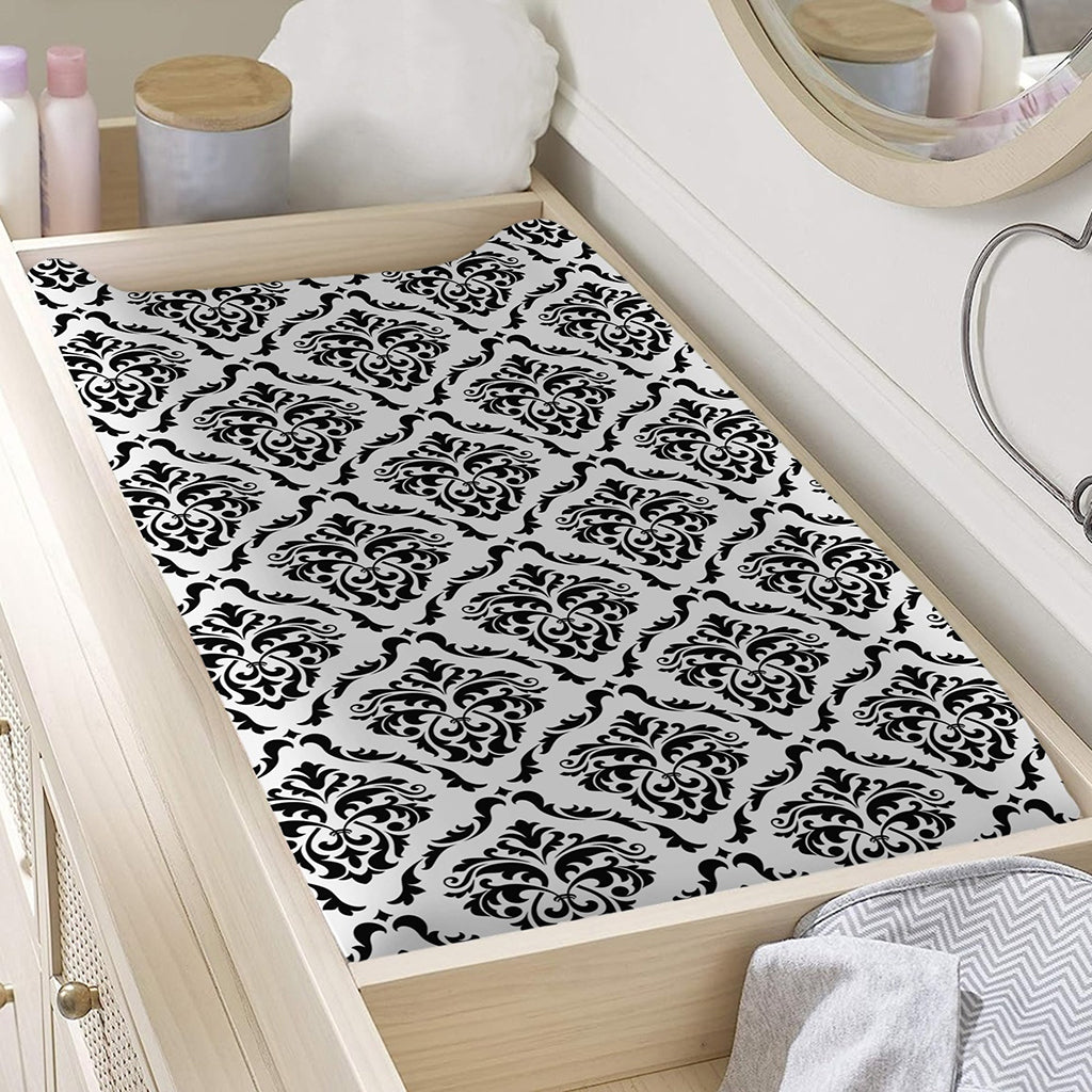 White And Black Damask Pattern Print Changing Pad Cover