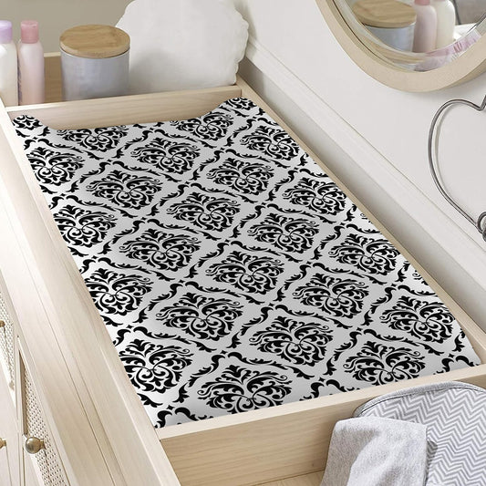 White And Black Damask Pattern Print Changing Pad Cover