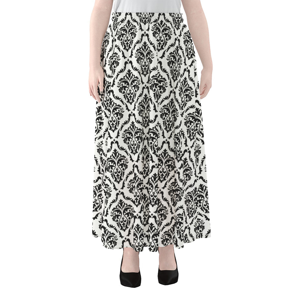 White And Black Damask Pattern Print Chiffon Maxi Skirt