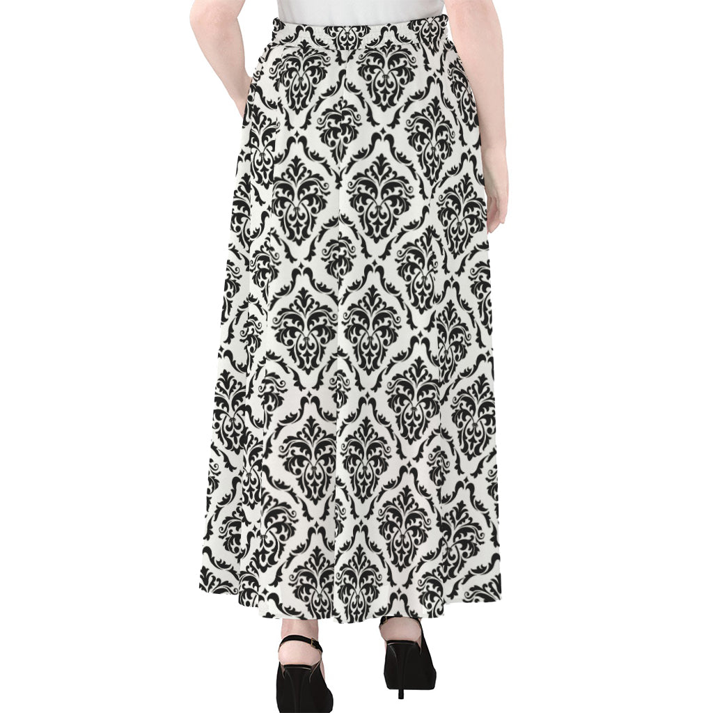 White And Black Damask Pattern Print Chiffon Maxi Skirt