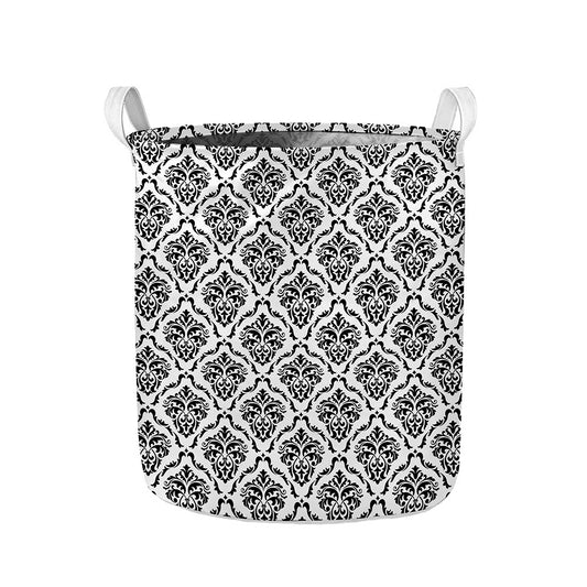 White And Black Damask Pattern Print Collapsible Laundry Basket