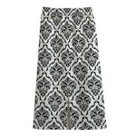 White And Black Damask Pattern Print Cotton Front Slit Maxi Skirt