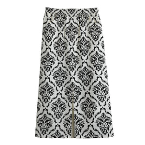 White And Black Damask Pattern Print Cotton Front Slit Maxi Skirt