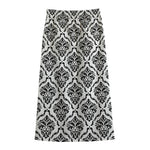 White And Black Damask Pattern Print Cotton Front Slit Maxi Skirt