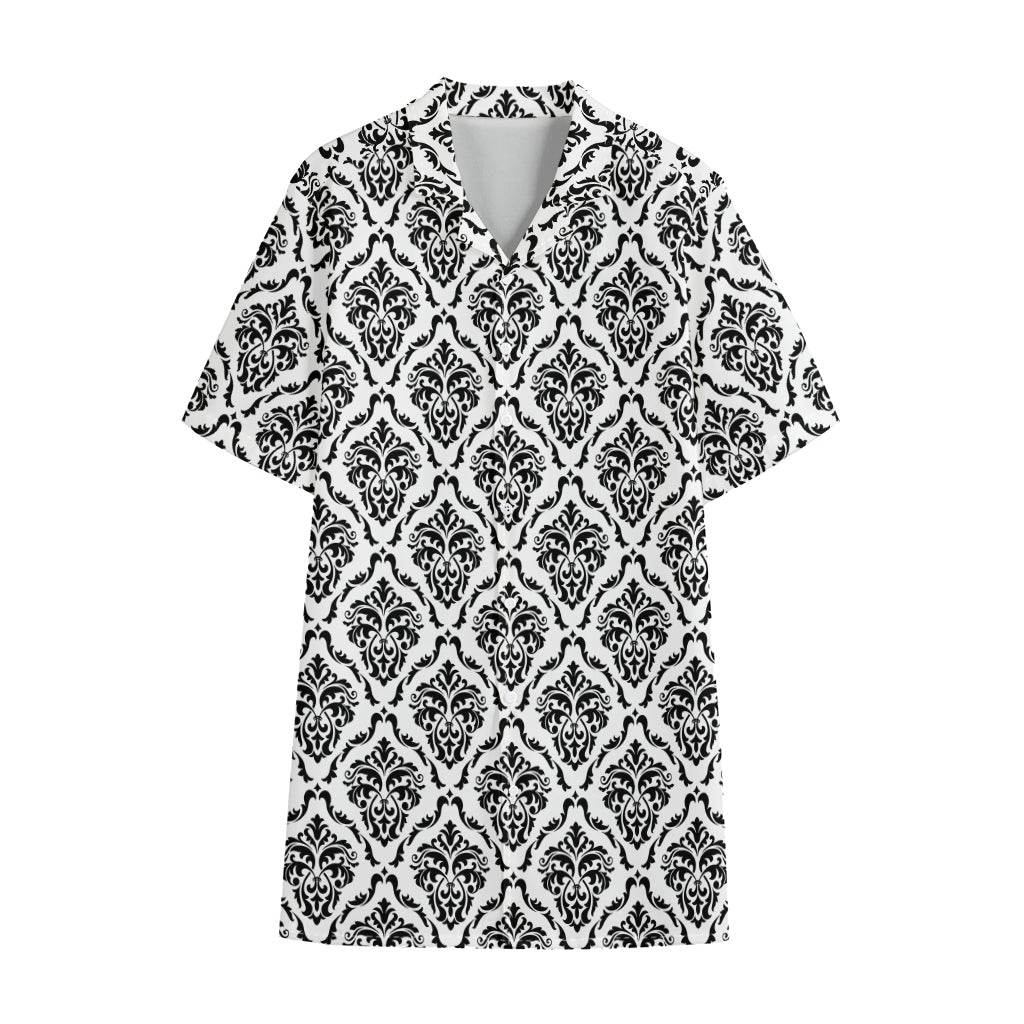 White And Black Damask Pattern Print Cotton Hawaiian Shirt