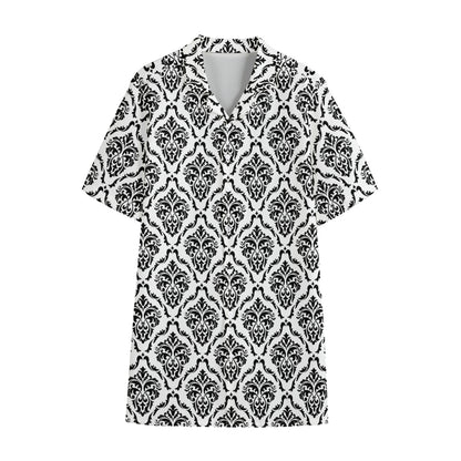 White And Black Damask Pattern Print Cotton Hawaiian Shirt