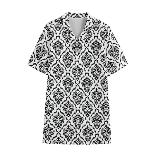 White And Black Damask Pattern Print Cotton Hawaiian Shirt