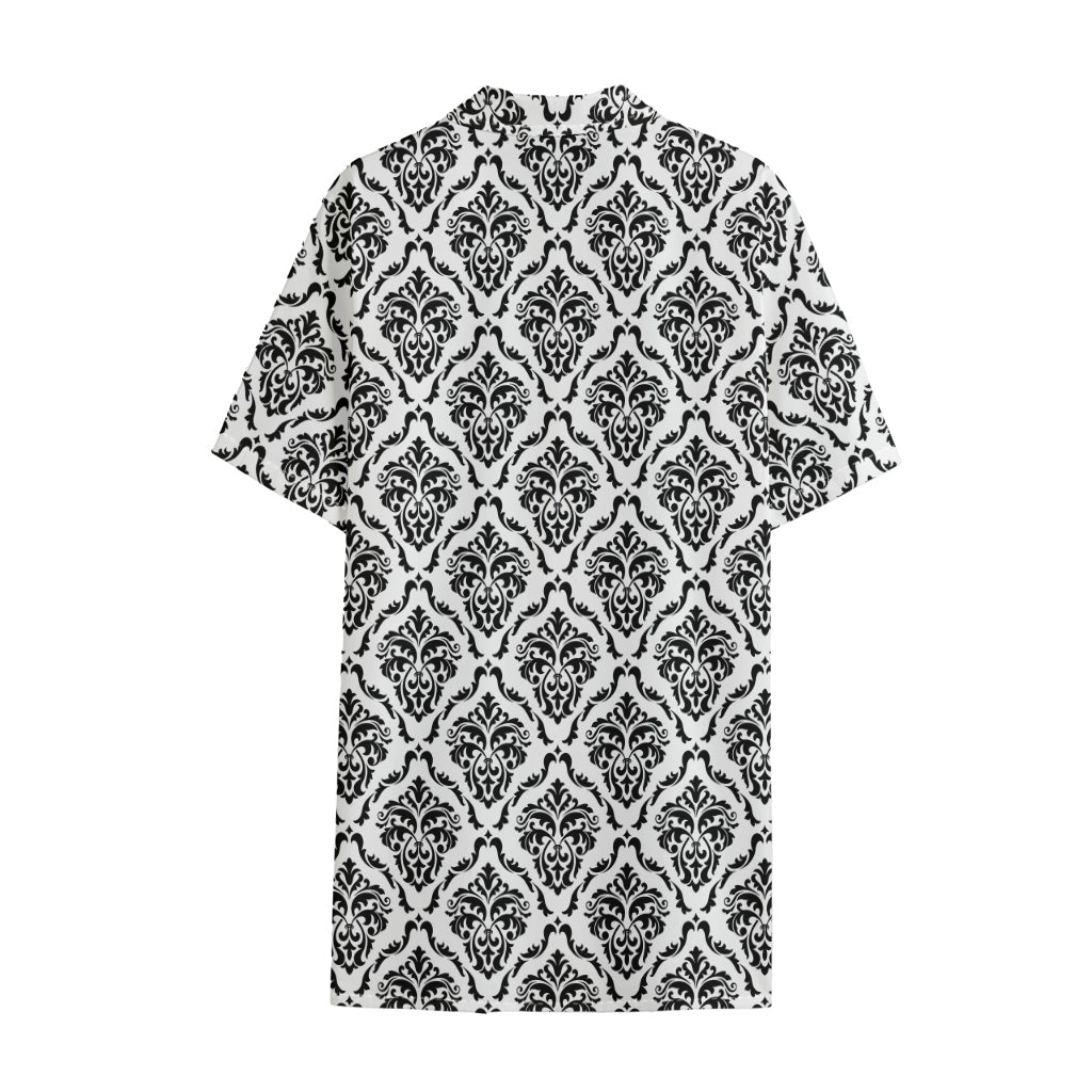 White And Black Damask Pattern Print Cotton Hawaiian Shirt