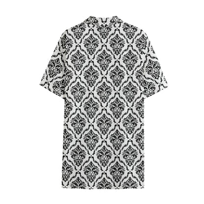 White And Black Damask Pattern Print Cotton Hawaiian Shirt
