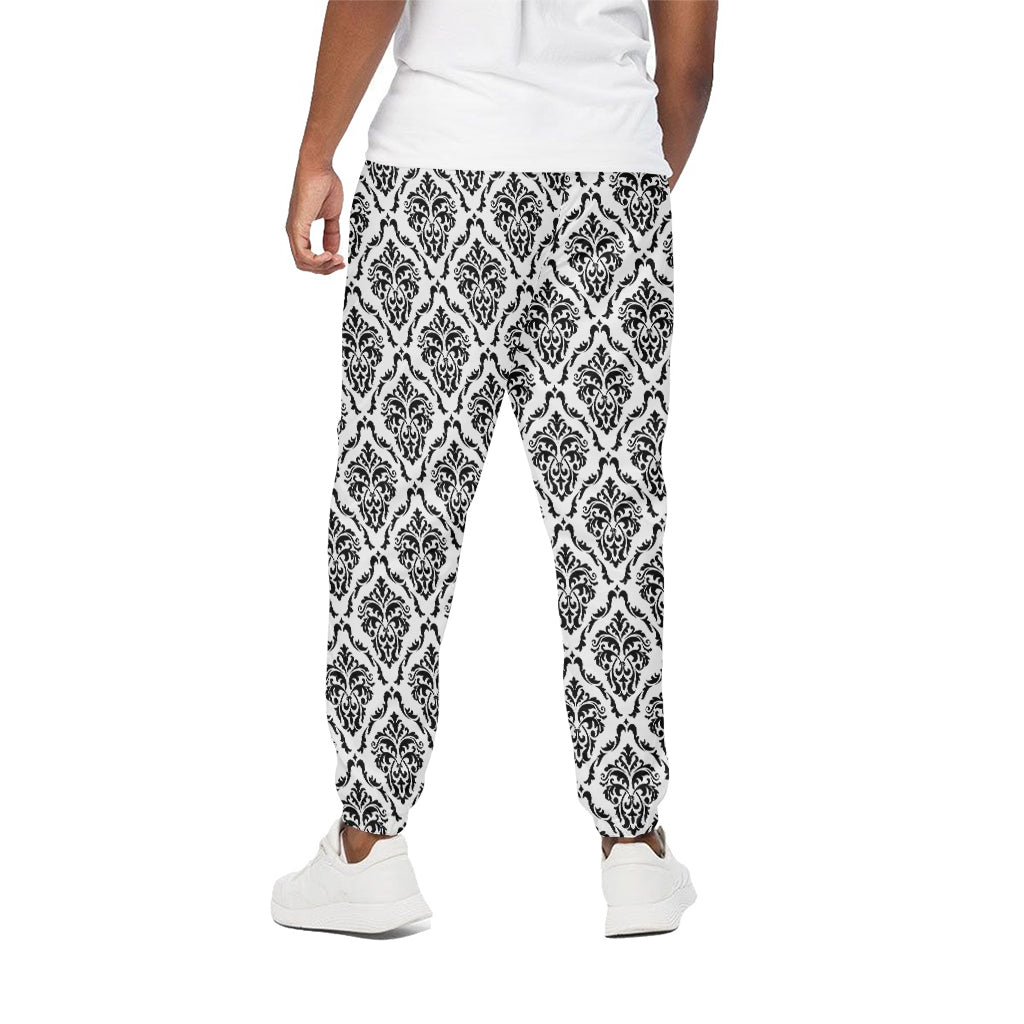 White And Black Damask Pattern Print Cotton Pants
