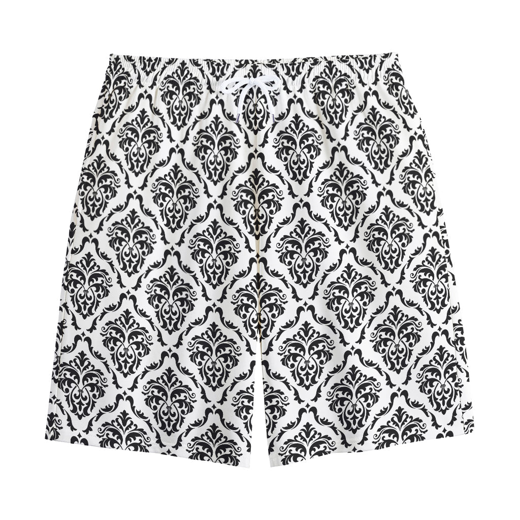White And Black Damask Pattern Print Cotton Shorts