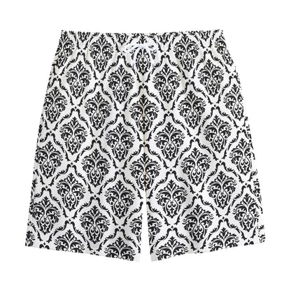 White And Black Damask Pattern Print Cotton Shorts